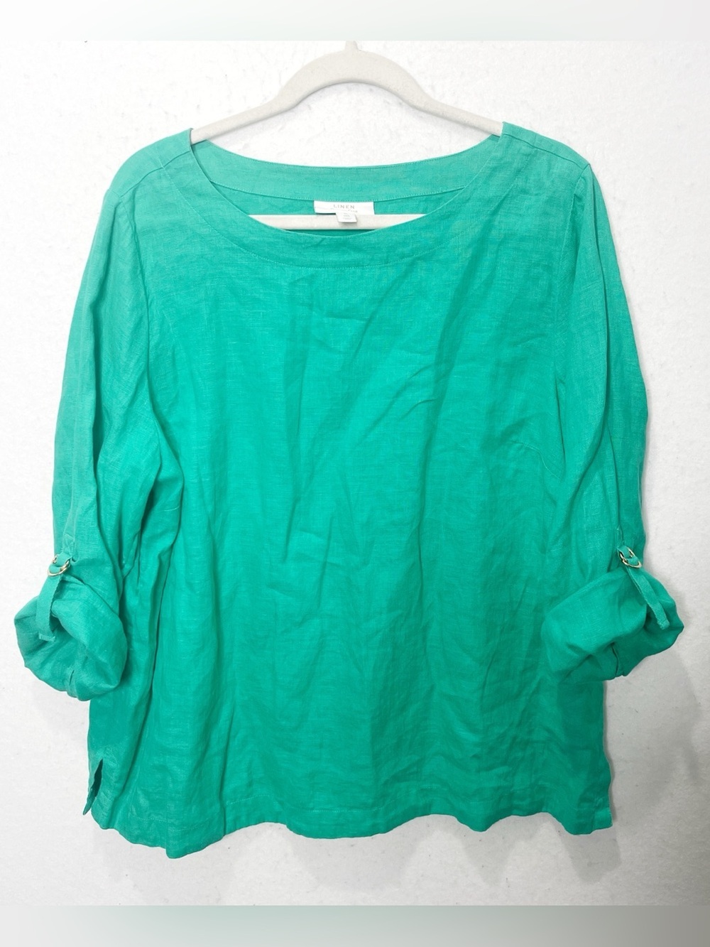 Charter Club Linen Blouse XL Aqua Green Roll Tab Sleeve 100% Linen Boat Neck